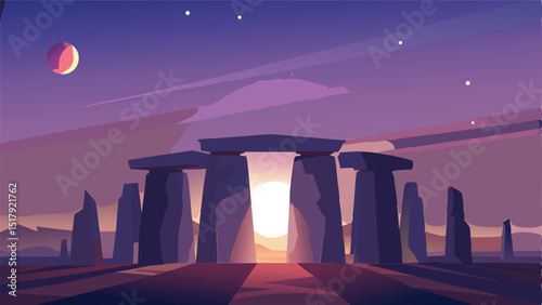 Stonehenge landscape sunset vector illustration artwork