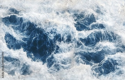 Turbulent ocean waves,  foam, and deep blue