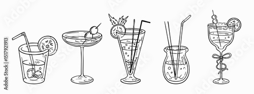 Bar cocktails and drinks, hand drawn party beverages, cafe and bars menus decorations, stickers, graphic design elements. Vector illustration.