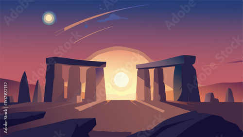 Stonehenge landscape sunset vector illustration graphic