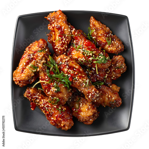 Crispy Korean fried chicken wings in sweet chili glaze, served in a modern platter with sesame seeds, isolated, white background