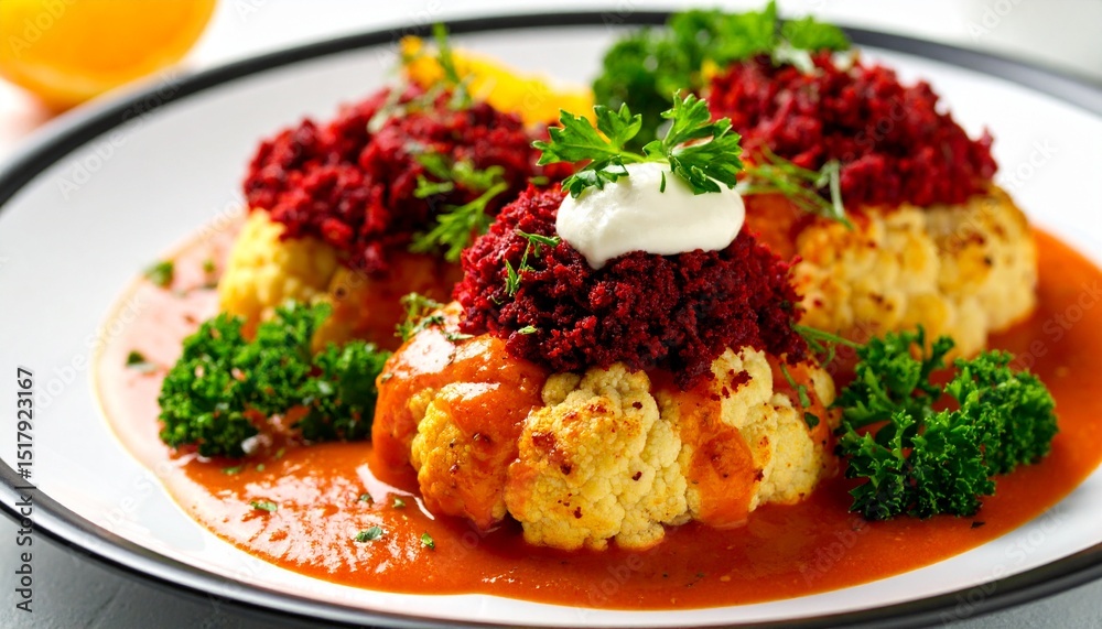 Stuffed cauliflower with beetroot powder and orange sauce — white, red, orange. Stuffed cauliflower with beetroot powder and orange sauce — white, red, orange.