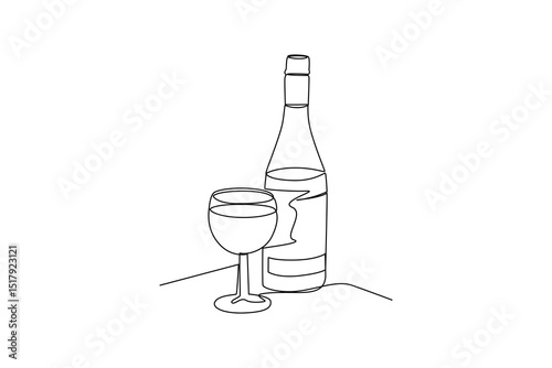 Continuous line drawing of beverage bottle and glass on table