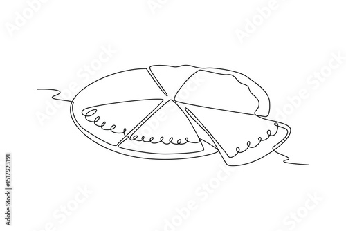 Continuous line drawing representing sliced pizza food, beverage, and menu concept