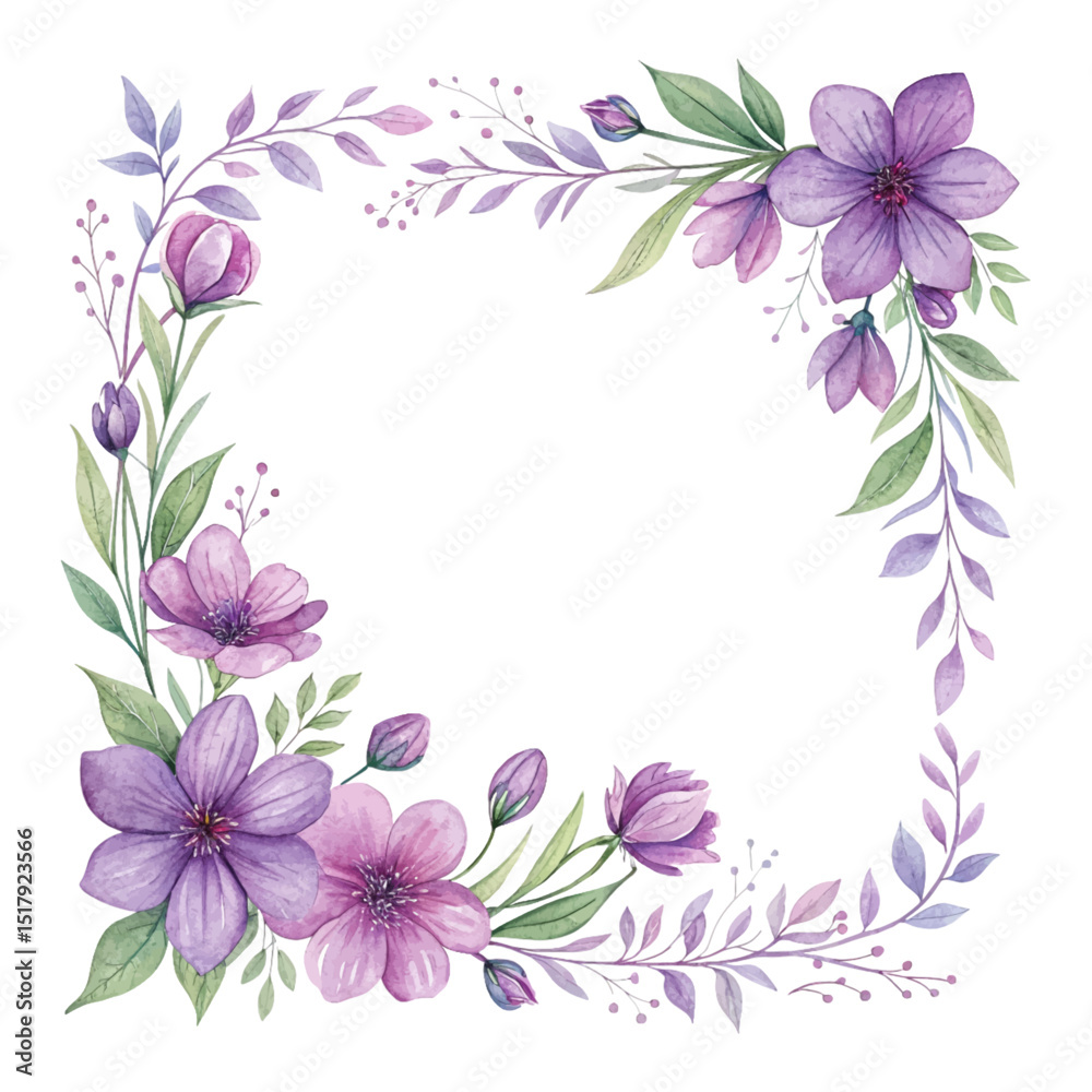 Fototapeta premium Beautiful hand painted floral frames with watercolor purple roses, isolated on white background, perfect for romantic designs, weddings, and decorative art projects