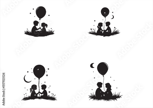 children's celebration icons with people silhouettes and stick figure pictogram symbols