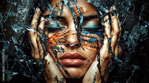 A woman's face is covered in paint, with her eyes closed and hands on her face.