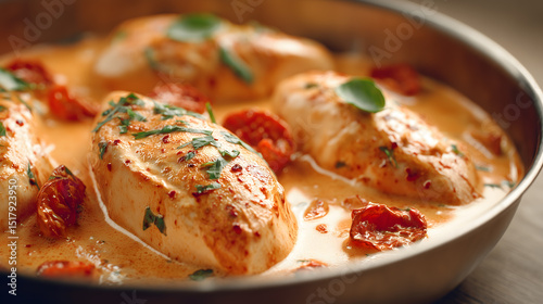 Wallpaper Mural Creamy Marry Me chicken with tomatoes and herbs in pan, rich savory sauce and tender meat ready to serve Torontodigital.ca