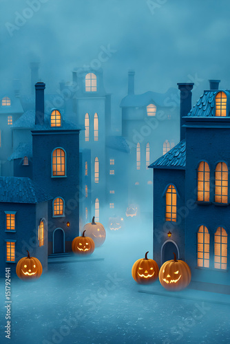 Spooky autumn evening in a quaint village with glowing jack-o'-lanterns under a misty sky