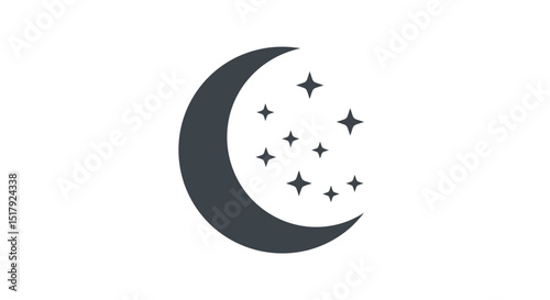 Simple Crescent Moon with Stars Icon on White Background for Nighttime or Space Concepts