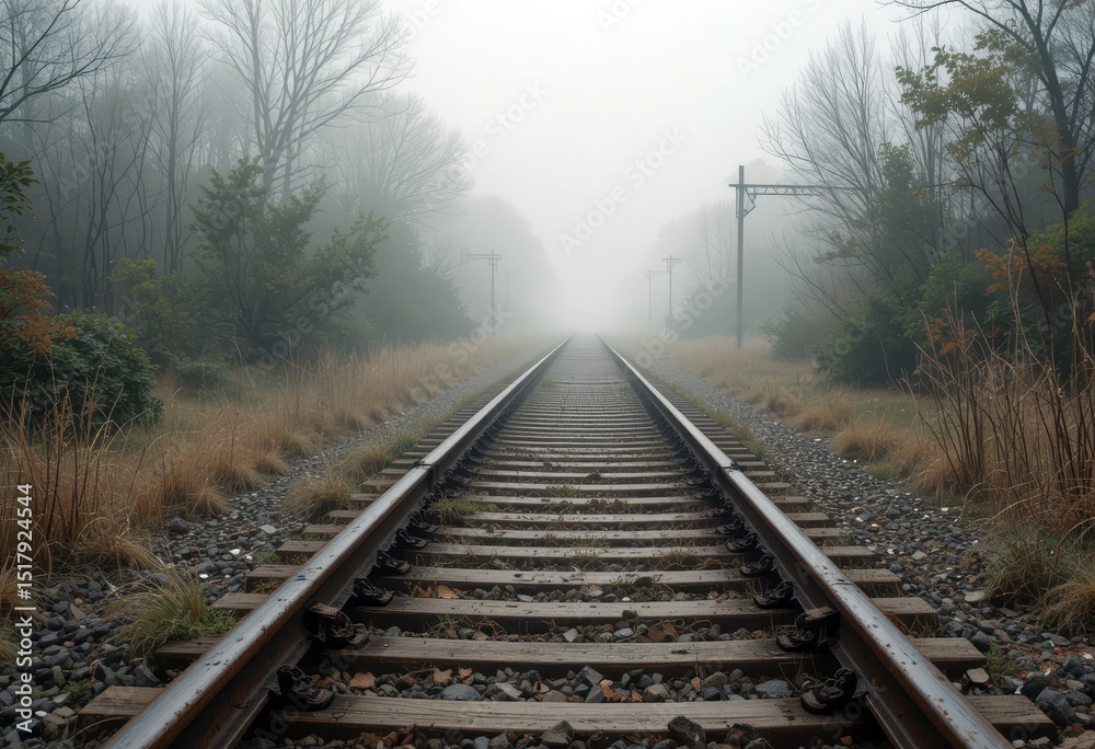 Fototapeta premium The Forgotten Line – Rusted Rails Vanishing Into Mist.