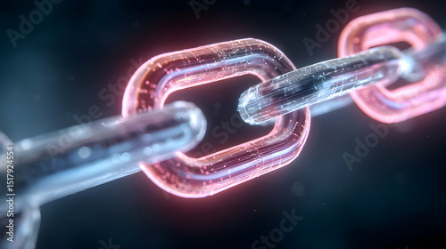 Close-up of glowing digital chain links illustrating connection and technology in a dark background