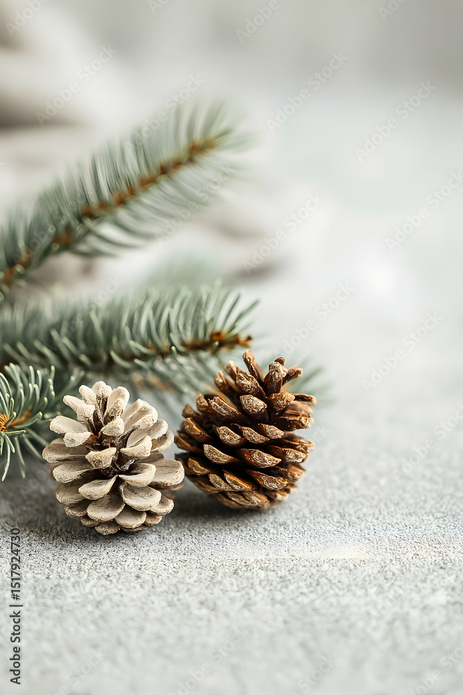 Fototapeta premium Pine cones and evergreen branches arranged on a textured surface during the winter season