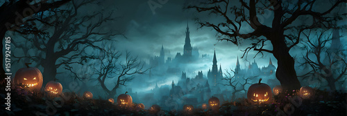 Hauntingly beautiful landscape with carved pumpkins and an eerie castle at dusk during Halloween festivities