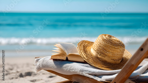 Relaxing by the beach with a book and a sun hat on a sunny day near the ocean