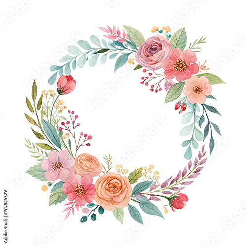 Colorful watercolor floral wreath ideal for save-the-date cards, wedding invitations, seasonal decorations, and creative artistic designs with bright blooming flowers