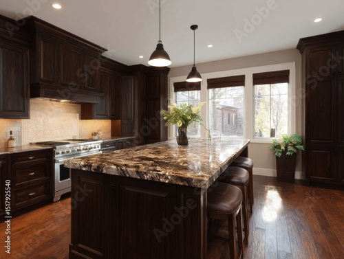 A dark-stained kitchen isla...