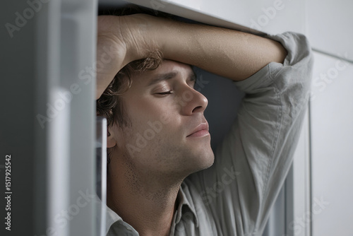 Ethereal serenity enfolds a Caucasian man, eyes closed in contemplation, embodying the tranquility of World Sleep Day