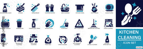  kitchen cleaning icon set includes essential tools and actions like dishwashing, sponge, soap bottle, gloves, disinfectant spray, hand washing, and trash bin. Perfect for hygiene guides