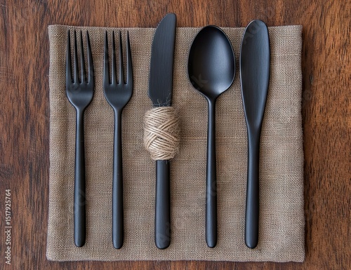 Black flatware set on a beige linen napkin, with a ball of twine wrapped around the knife