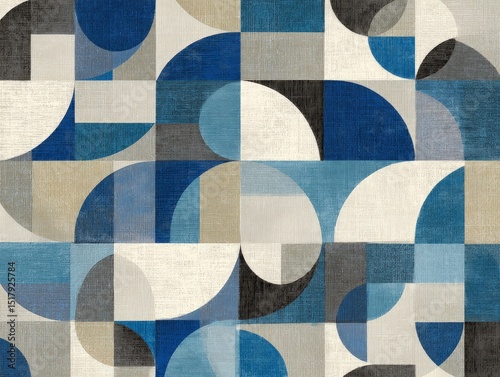 Abstract Geometric Pattern with Blue and Beige Circles and Squares