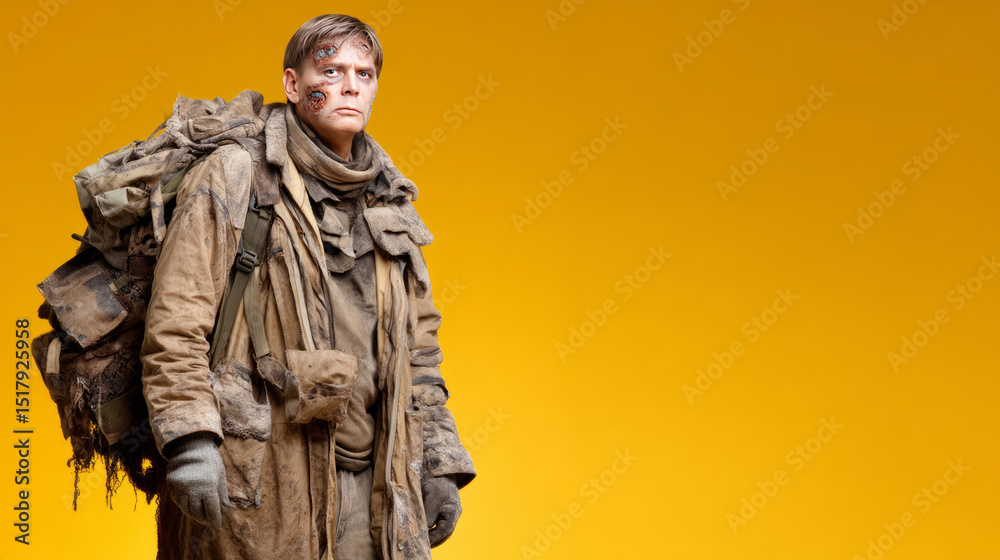 Fototapeta premium Dusty voyager with steely gaze, journeying through post-apocalyptic realm; perfect for Survival Day, Offbeat Explorer Festival themes