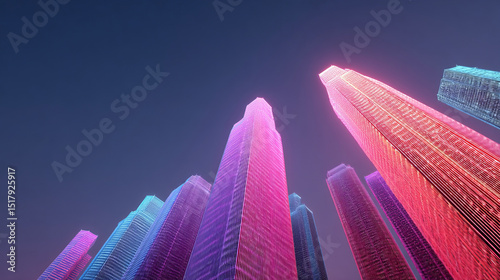 Neon skyscrapers kiss the twilight sky in cyberpunk dreamscape, celebrating Earth Hour and Futurism Day in vibrant hues