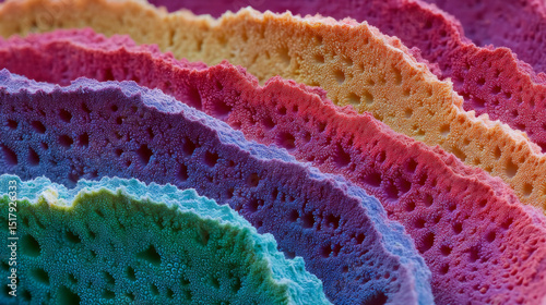 Multicolored coral sponges evoke the vibrant spirit of Holi festival and surreal oceanic meditation, spongy rainbow delight