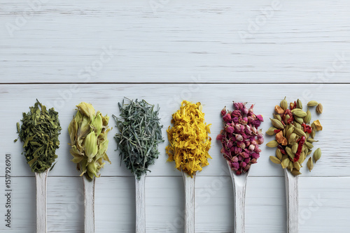 Spoons cradling colorful, mystic herbs hint at secret apothecaries, Beltane celebrations, and an unwritten tea ritual