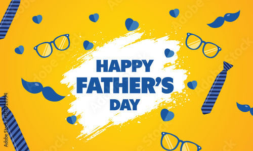 Father's Day poster or banner template with symbol of Dad from hat,glasses and mustache.Greetings and presents for Father's Day in flat lay styling.Promotion and shopping template for love dad