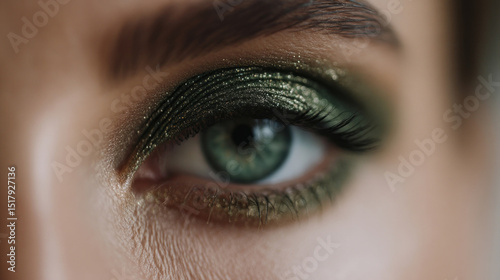 Emerald gaze with shimmering green shadow, evoking Celtic mystique, autumn equinox whispers, and secret midnight rituals