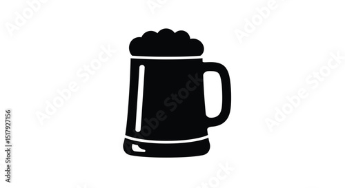 Black Silhouette of a Beer Mug Filled with Foam on a White Background