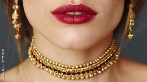 Intricate golden jewelry adorns the neck of a South Asian woman, embodying Diwali's opulent spirit and timeless elegance