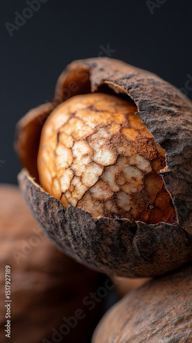 Cracked nut reveals rustic mosaic, ancient snack lore, equinox harvest symbolism, mystical nutty beginnings, foretelling autumn whispers
