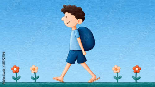Cheerful boy with curly brown hair strolls among vibrant flowers, capturing spring's whimsy; perfect for Children's Day celebrations