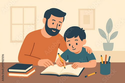 Father Helping Son with Homework or Studying - Parental Support and Education photo