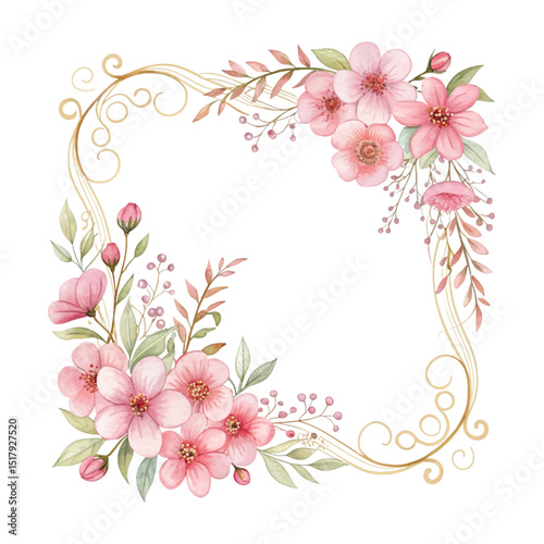 Charming handpainted watercolor floral wreath composed of vibrant flowers and soft leaves forming a perfect frame on a clean white background for elegant designs and invitations