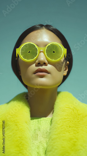 Asian woman in zesty lemon spectacles embraces neon surrealism, embodying Citrus Festival and Wiggle Your Toes Day whimsy