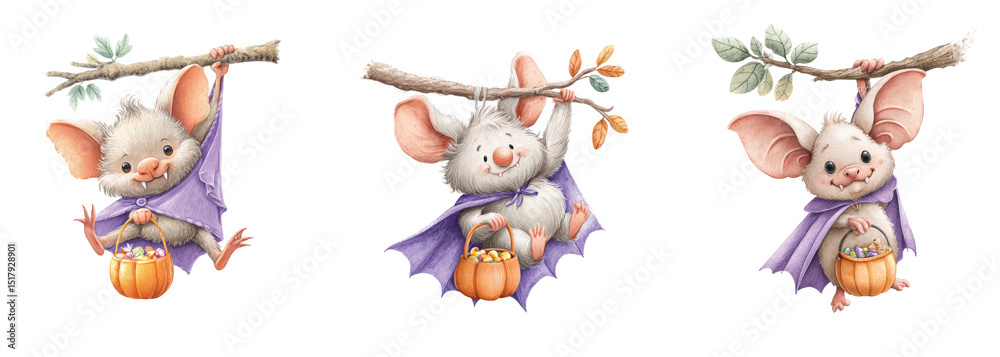 Naklejka premium Cute mice dressed in capes celebrate Halloween by hanging from a branch with candy baskets