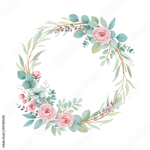 Realistic hand painted watercolor wreath made with delicate pink rose flowers, perfect for elegant floral designs, greeting cards, and romantic decorative artwork