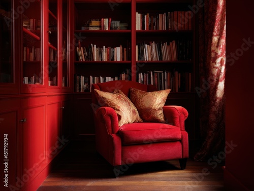 Red reading nook with books...