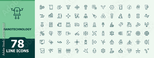 Nanotechnology icon set. Minimalist linear icons. Biotechnology icon set. Includes thin line symbols lab, biotechnology, laboratory, nano, innovation and more.