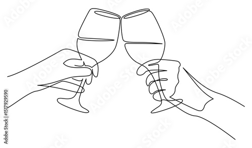 Two clinking wine glasses line drawing. Hand-drawn cheers line art. Hand drawn vector illustration with editable stroke. Isolated on transparent background.
