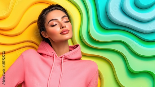 A woman in a pink hoodie lies down with her eyes closed, surrounded by a colorful wave-like pattern.