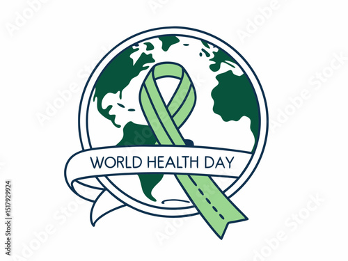 Global World Health Day Awareness Ribbon Logo ,A vibrant logo celebrating World Health Day, featuring a stylized Earth with a green and yellow awareness ribbon. 