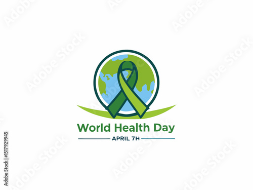 Global World Health Day Awareness Ribbon Logo ,A vibrant logo celebrating World Health Day, featuring a stylized Earth with a green and yellow awareness ribbon. 