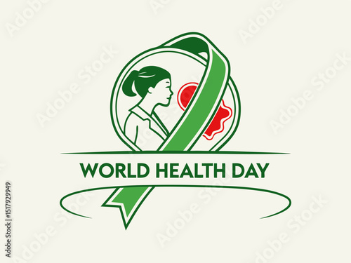 Global World Health Day Awareness Ribbon Logo ,A vibrant logo celebrating World Health Day, featuring a stylized Earth with a green and yellow awareness ribbon. 