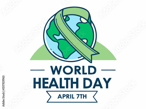 Global World Health Day Awareness Ribbon Logo ,A vibrant logo celebrating World Health Day, featuring a stylized Earth with a green and yellow awareness ribbon. 