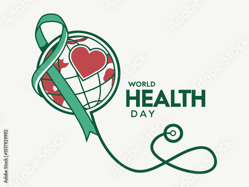 Global World Health Day Awareness Ribbon Logo ,A vibrant logo celebrating World Health Day, featuring a stylized Earth with a green and yellow awareness ribbon. 