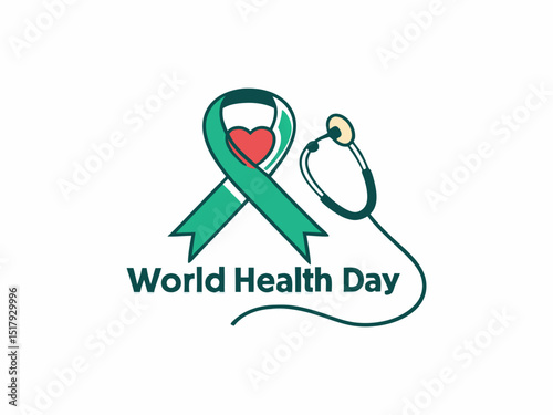 Global World Health Day Awareness Ribbon Logo ,A vibrant logo celebrating World Health Day, featuring a stylized Earth with a green and yellow awareness ribbon. 